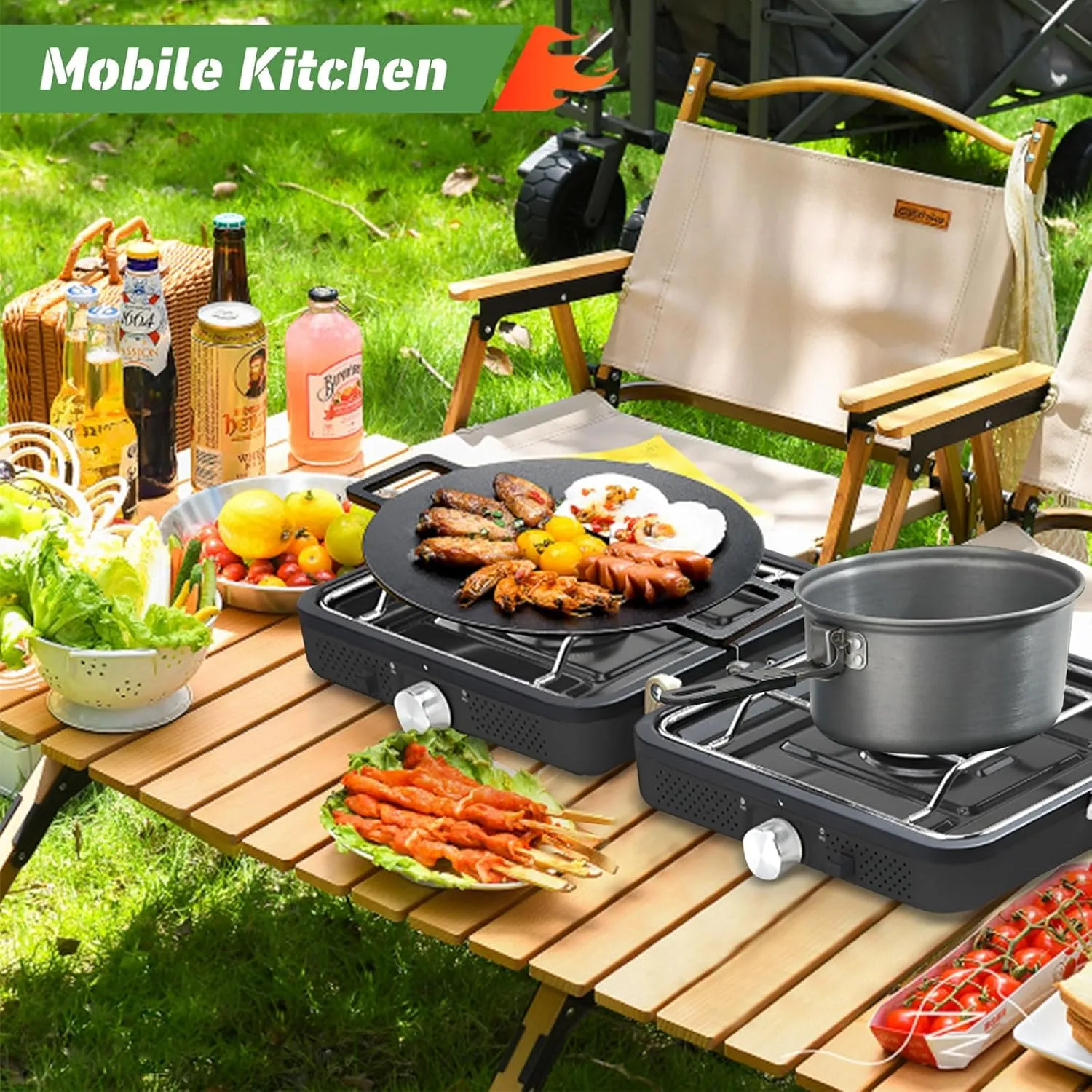Propane 2 Burner Camping Stove with Griddle and Carrying Bag, Portable Propane Camp Stove with 2 Adjustable Burners & Piezo Ignition, for Camping Tailgating Essentials Gear