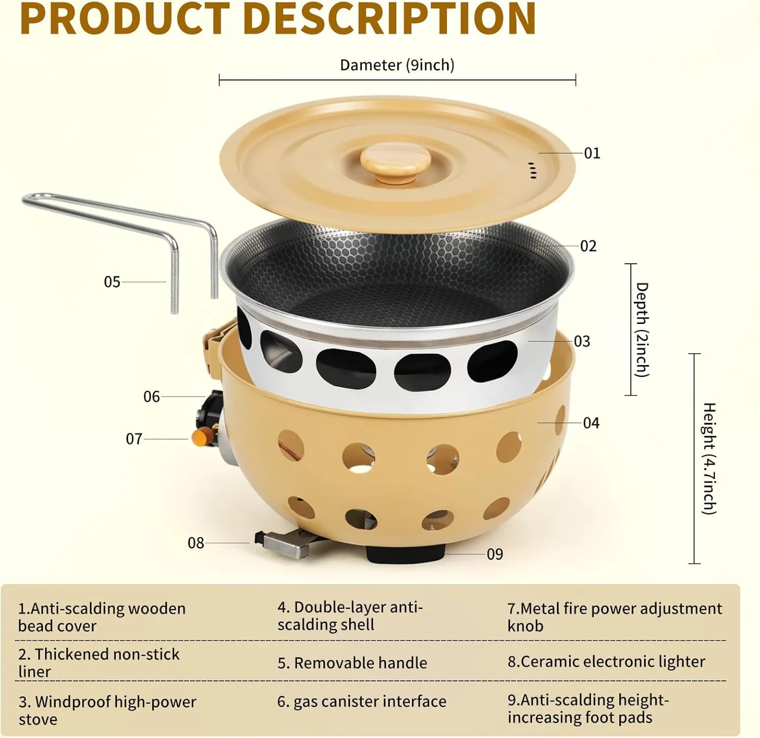 Propane or Butane Portable Windproof Burner Camping Stove,Integrated Pot with Heat Shield and Guard, Outdoor Cooking,Stir-frying,Picnic,Multi-functional Foldable Outdoor Pot (Beige)