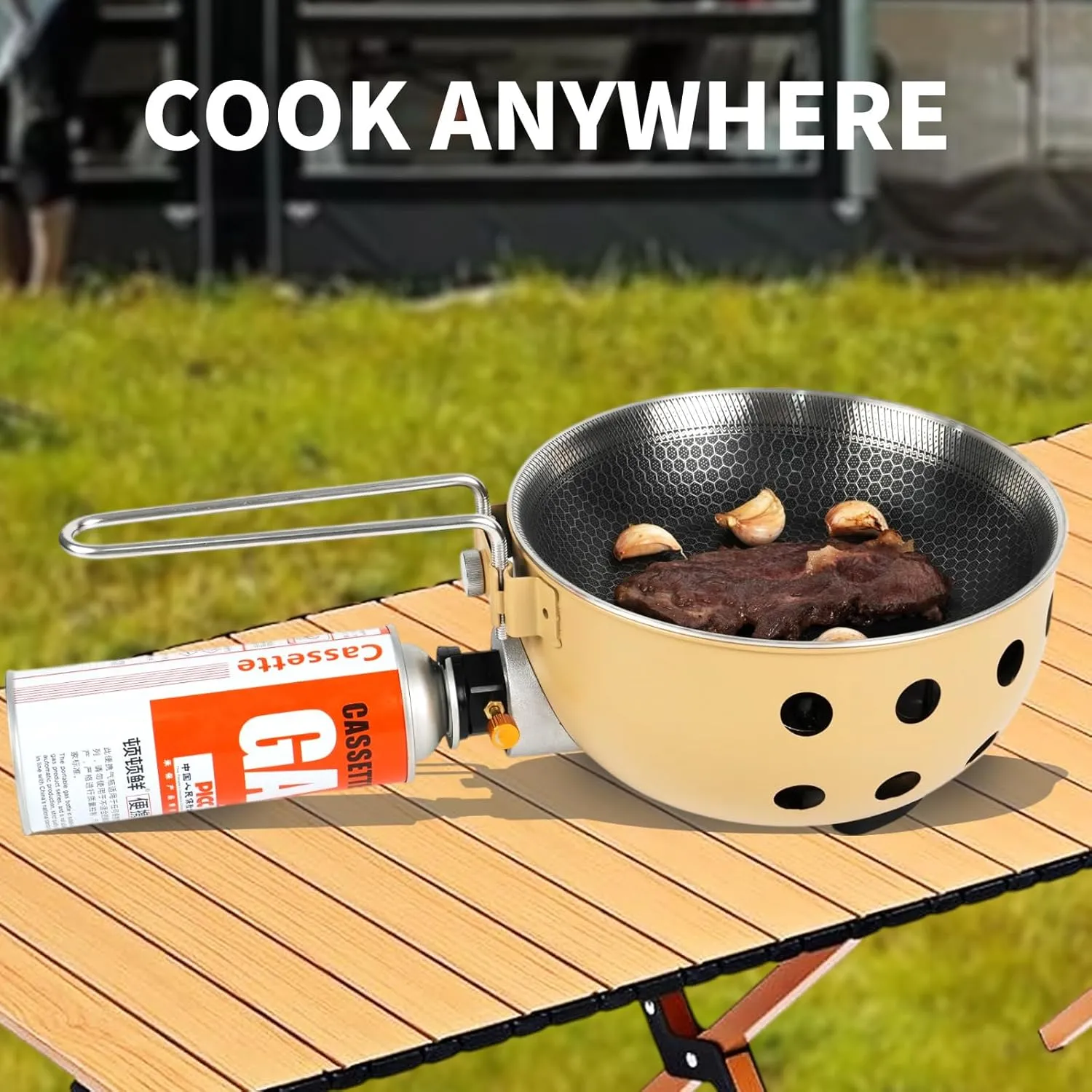 Propane or Butane Portable Windproof Burner Camping Stove,Integrated Pot with Heat Shield and Guard, Outdoor Cooking,Stir-frying,Picnic,Multi-functional Foldable Outdoor Pot (Beige)