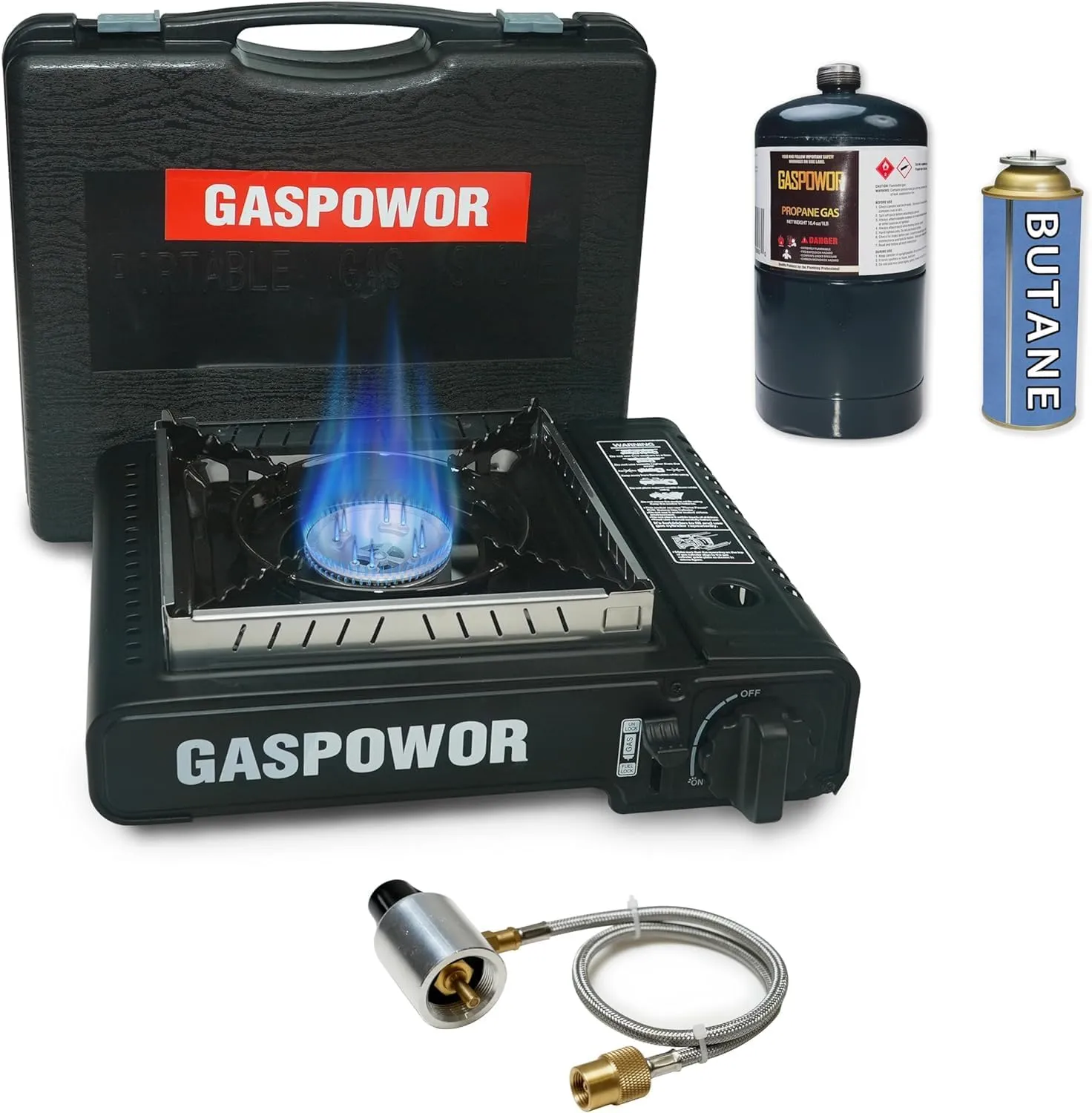 Propane or Butane Stove with Windblocker, Dual Fuel 10,000 BTU Propane Stove for Camping, Automatic Ignition, Gas Portable Stove with Propane Adapter Hose Carrying Case for Hiking (Fuel Not Included)