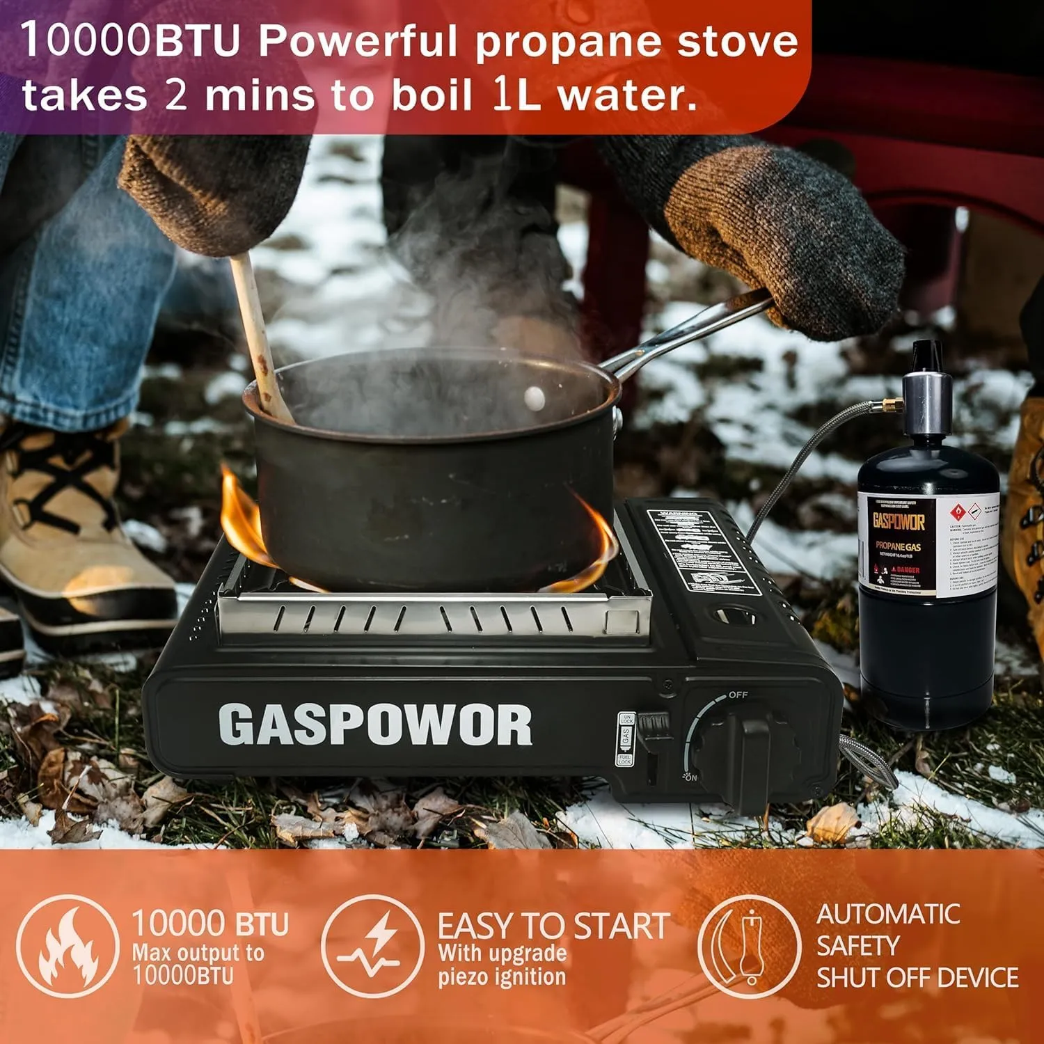 Propane or Butane Stove with Windblocker, Dual Fuel 10,000 BTU Propane Stove for Camping, Automatic Ignition, Gas Portable Stove with Propane Adapter Hose Carrying Case for Hiking (Fuel Not Included)