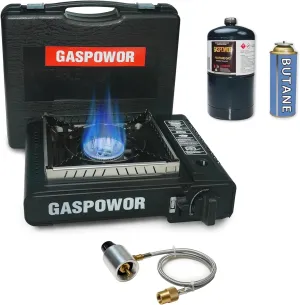 Propane or Butane Stove with Windblocker, Dual Fuel 10,000 BTU Propane Stove for Camping, Automatic Ignition, Gas Portable Stove with Propane Adapter Hose Carrying Case for Hiking (Fuel Not Included)