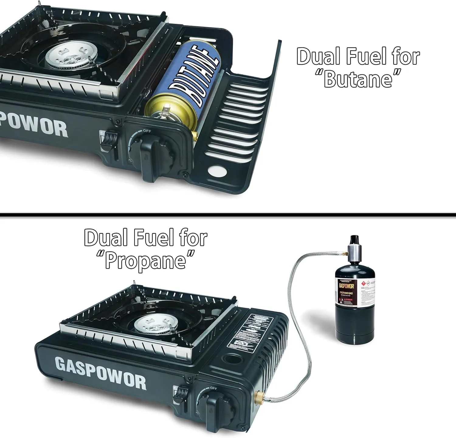 Propane or Butane Stove with Windblocker, Dual Fuel 10,000 BTU Propane Stove for Camping, Automatic Ignition, Gas Portable Stove with Propane Adapter Hose Carrying Case for Hiking (Fuel Not Included)