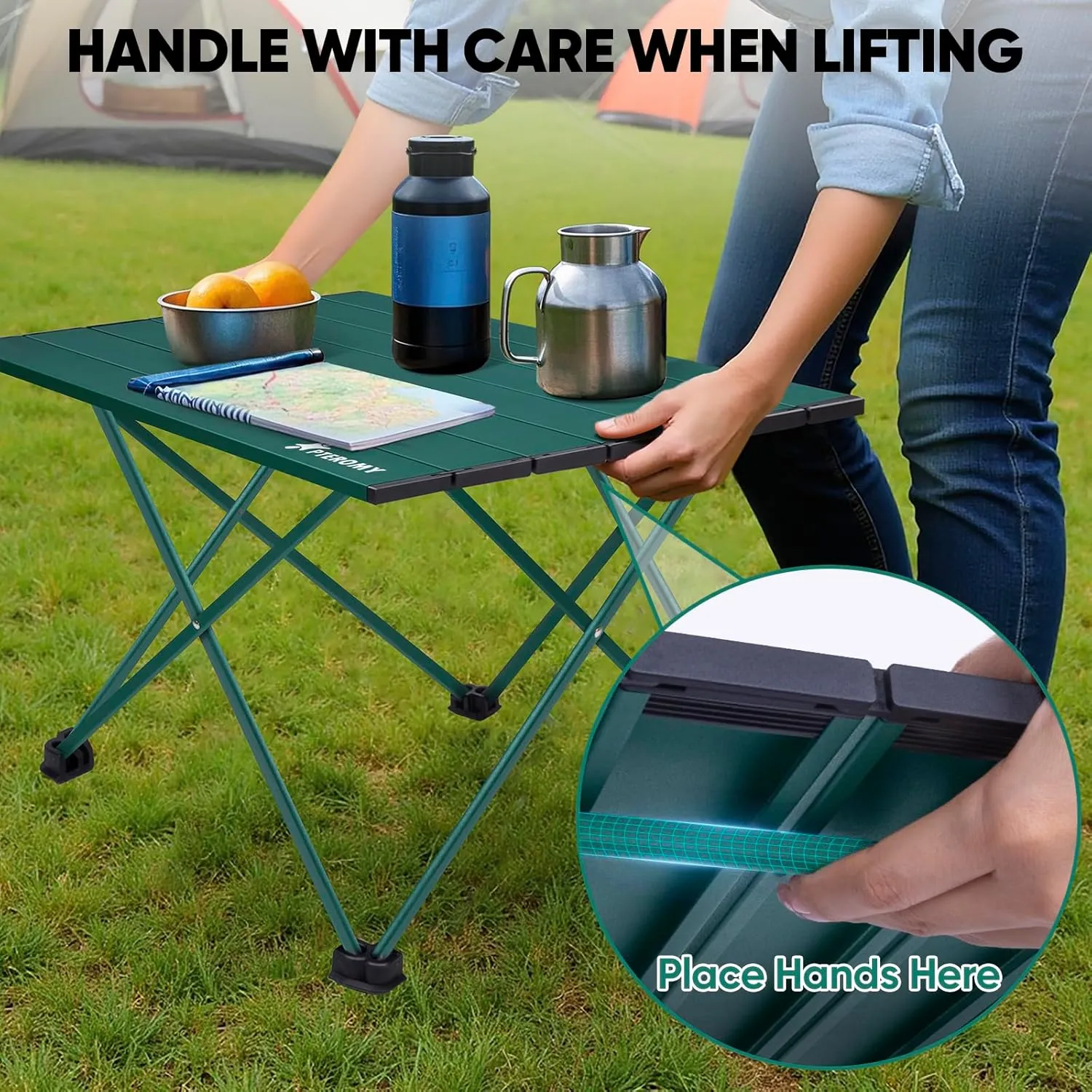 PTEROMY Folding Camping Table, Portable Beach Table with Ultralight Aluminum Tabletop for Travel, Outdoor, Camping, Picnics, and BBQs (Small, Green)
