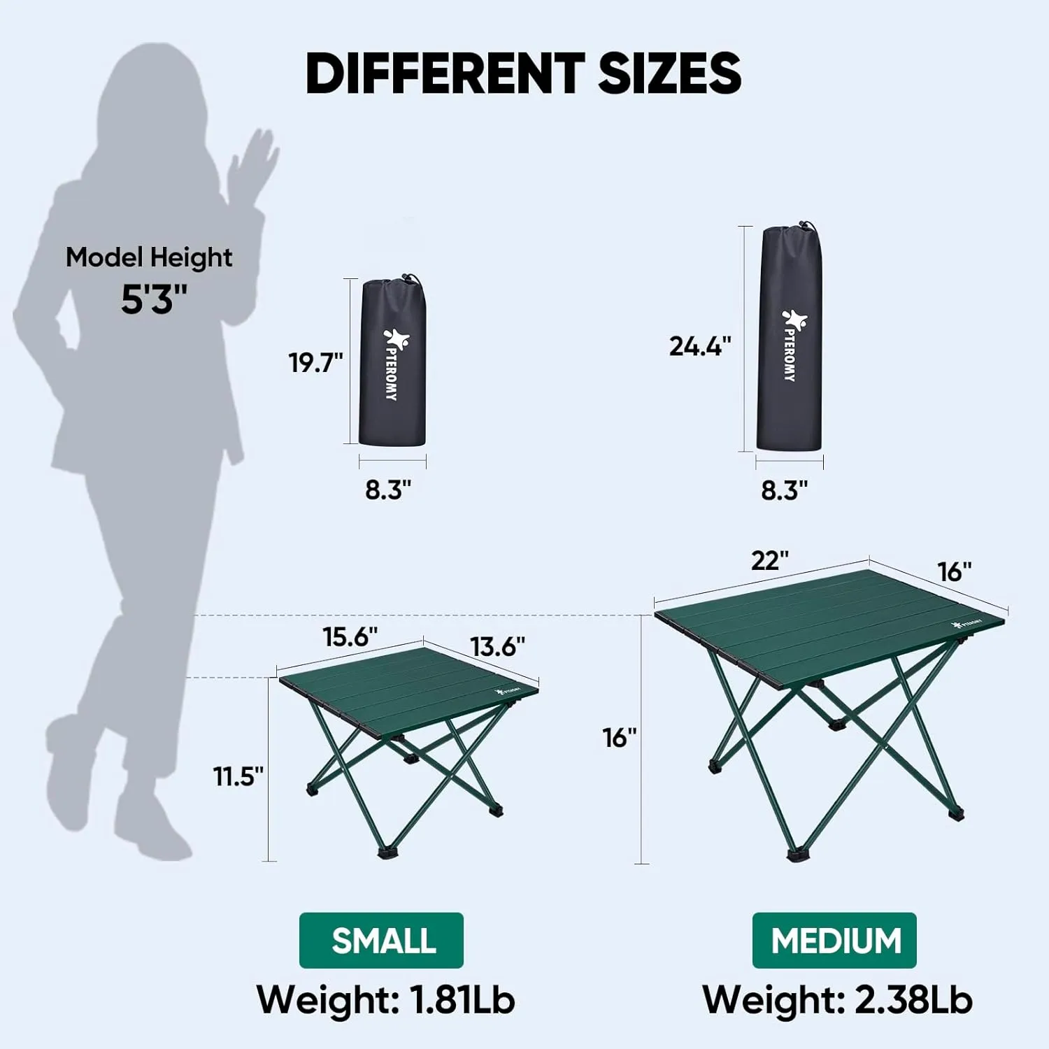 PTEROMY Folding Camping Table, Portable Beach Table with Ultralight Aluminum Tabletop for Travel, Outdoor, Camping, Picnics, and BBQs (Small, Green)