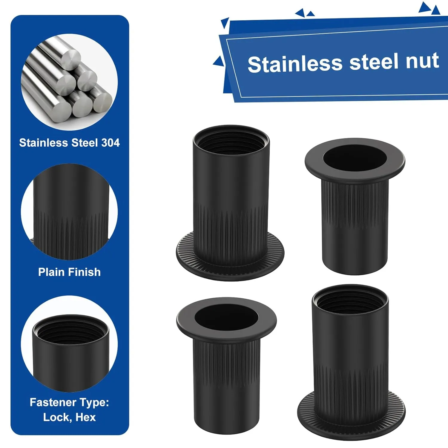 QISHENG 100 PCS Black 5/16-18 Stainless Steel SAE Rivet Nuts,Stainless Steel 18-8 A2(304) Nut,Home Nut