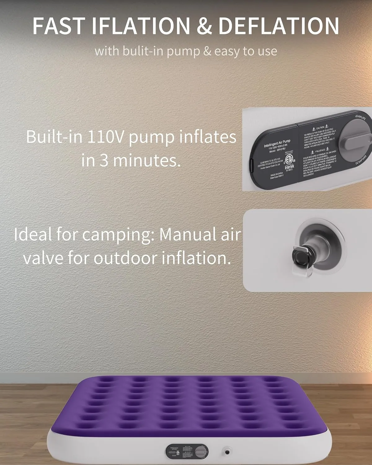 Queen Air Mattress with Built in Pump, with Comfort Plush, Inflatable Blow Up Mattress, for Home, Guests, Camping,(Purple, 10” Height)