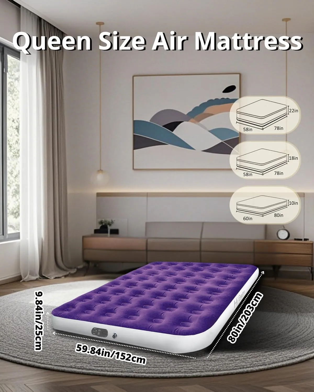 Queen Air Mattress with Built in Pump, with Comfort Plush, Inflatable Blow Up Mattress, for Home, Guests, Camping,(Purple, 10” Height)