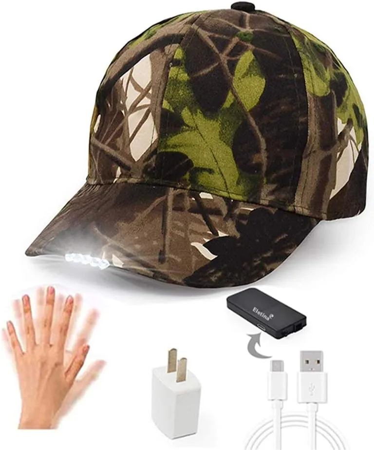 Rechargeable Baseball Cap LED Headlight with USB Cable and Battery, Suitable for Outdoor Camping Night Fishing, Mountain Climbing, Night Riding/Hiking and Auto Repair (Army Green)