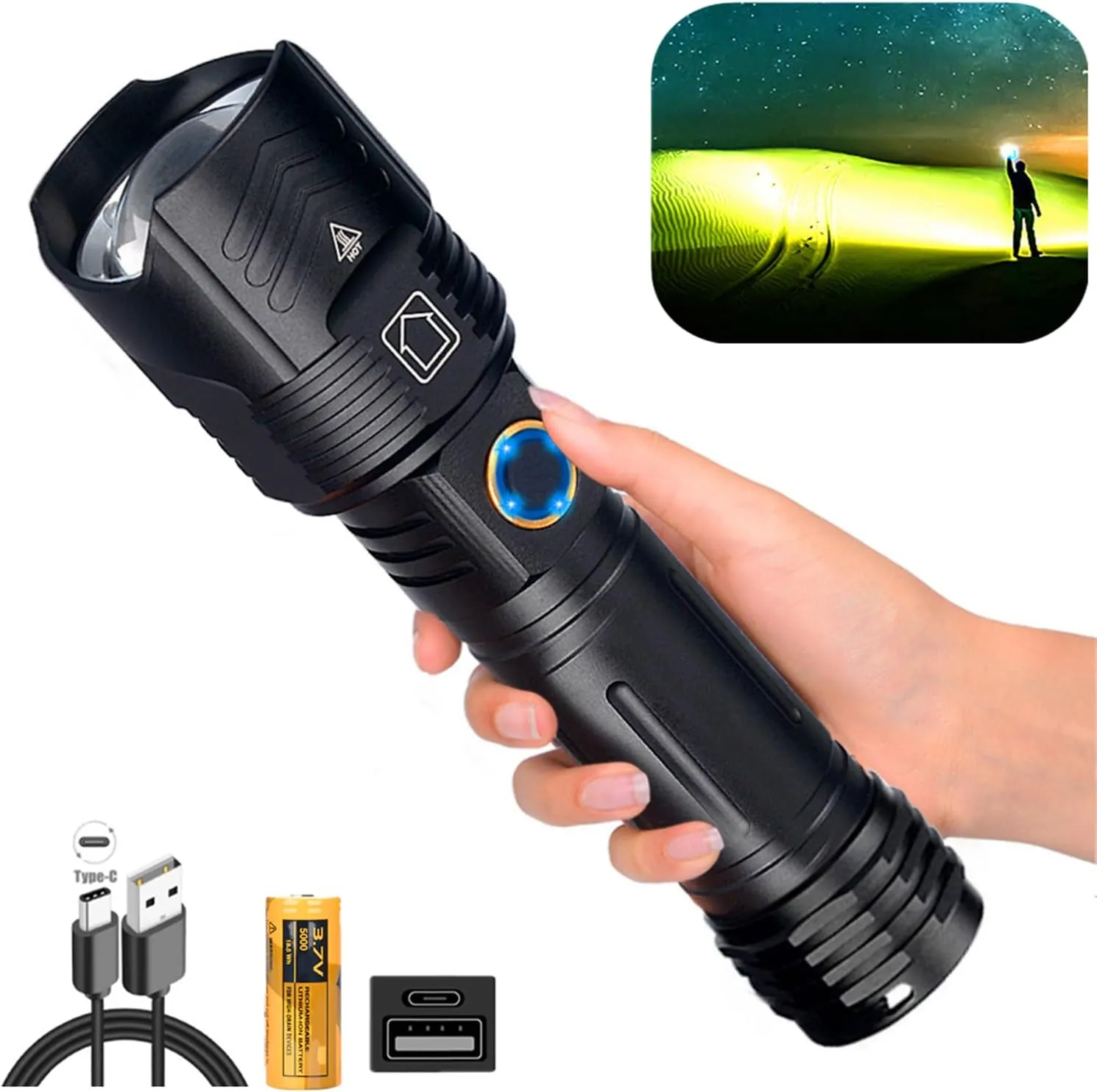 Rechargeable Flashlight 10000 High Lumens, Tactical Super Bright LED Flashlights with 5 Modes, Zoomable, Ipx5 Waterproof, Handheld Torch Light, for Camping, Emergency, Outdoor, Hiking