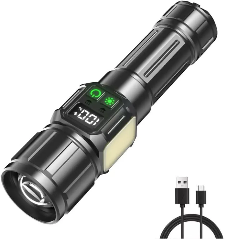 Rechargeable flashlight, 900000 lumens ultra bright flashlight, equipped with LCD digital display and side lights, 7 modes, with 5000mAh battery, used for outdoor camping handheld LED flashlight