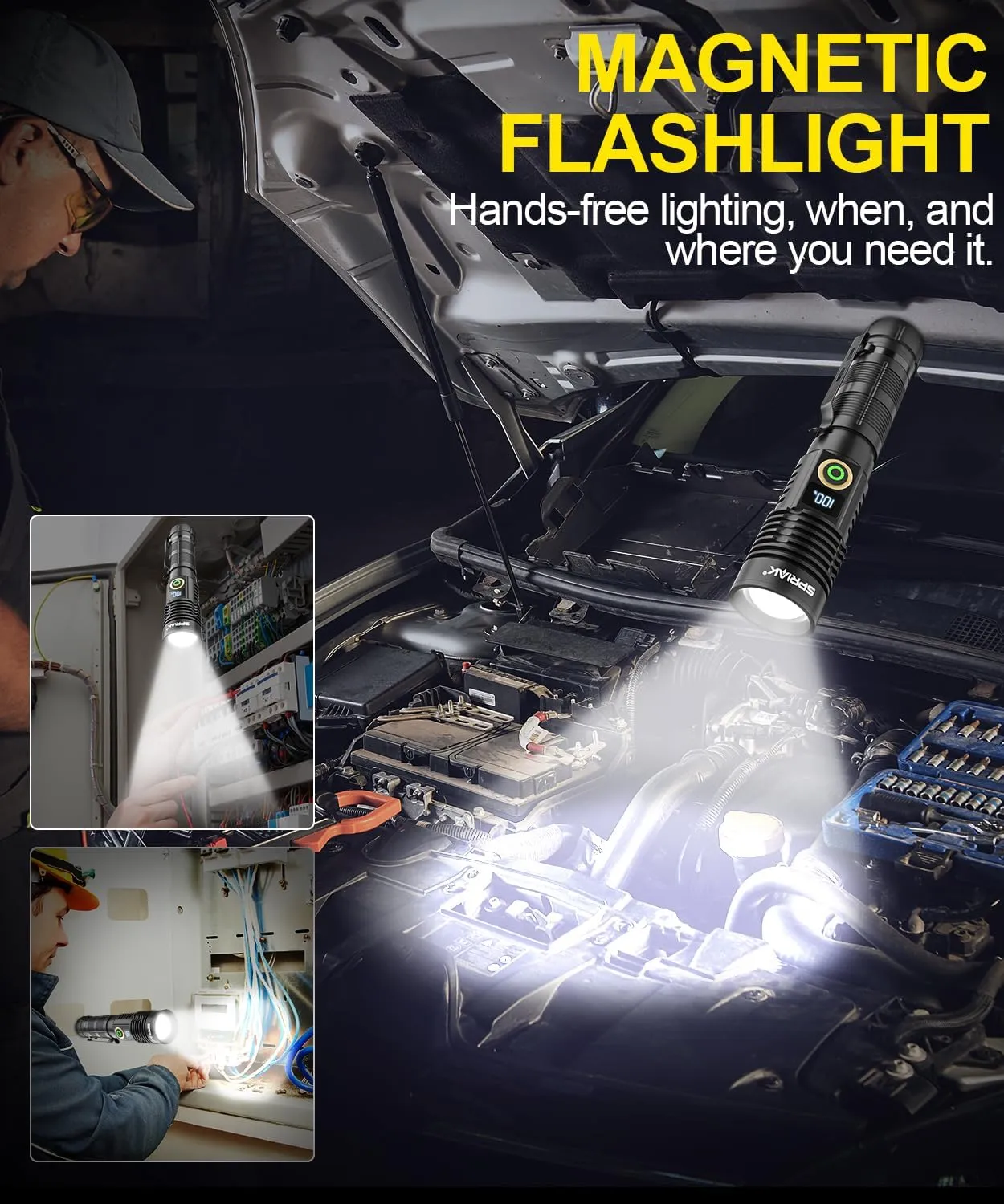 Rechargeable Flashlight High Lumens-Super Bright Magnetic Flash Light with Power Digital Display, Long Range,Dimmable,Waterproof,Pocket Handheld Tactical LED Flashlights for Emergency