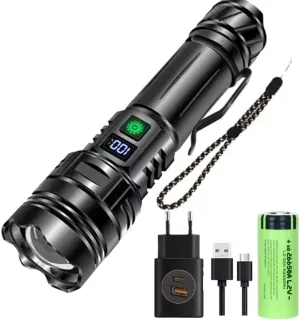 Rechargeable Flashlight High Lumens – Ultra-Bright 10,000,000 Lumens Zoomable Tactical Flashlight with Digital Power Display 5 Modes Power Bank (5000mAh) IPX6 Waterproof for Camping and Outdoor Use