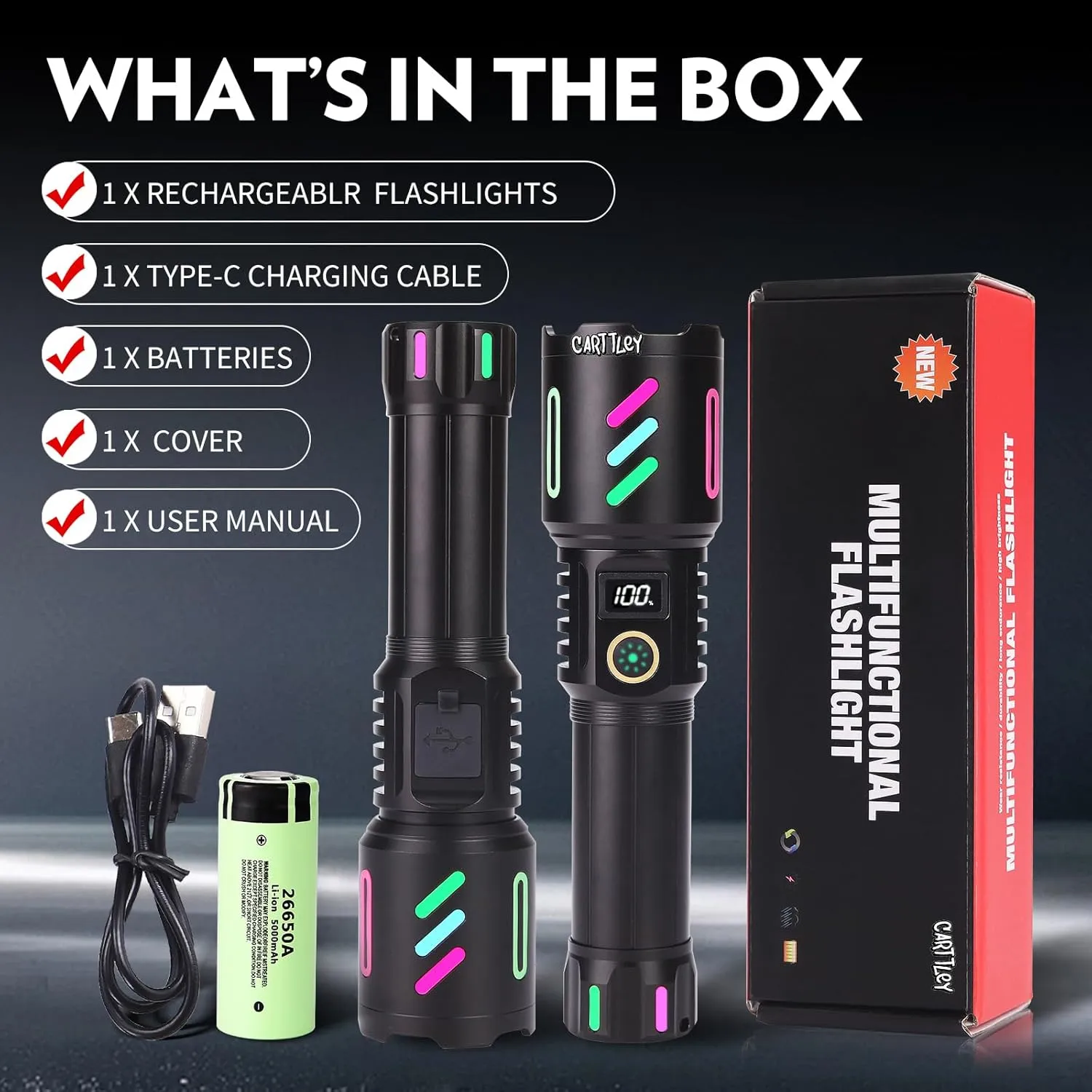Rechargeable Flashlights High Lumens, 2,000,000 Lumens Handheld LED Flashlight 5 Modes, Zoomable, IPX6 Waterproof Powerful Tactical Flashlight for Emergencies, Camping, Hiking