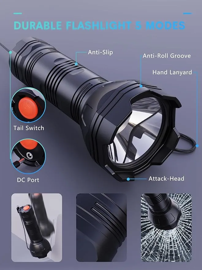 Rechargeable Flashlights High Lumens IP68 Waterproof, Small Flashlights Powerful with Batteries 3500mAh - Flash Light 5 Modes 100M Beam Super Bright for Outdoor/Home/Camping/Hiking/Emergency