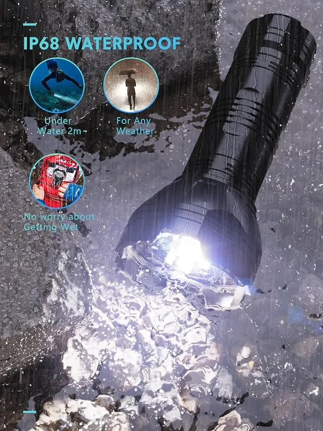 Rechargeable Flashlights High Lumens IP68 Waterproof, Small Flashlights Powerful with Batteries 3500mAh - Flash Light 5 Modes 100M Beam Super Bright for Outdoor/Home/Camping/Hiking/Emergency