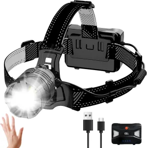 Rechargeable Headlamp, 100,000LM Bright Head Lamp, 40H Runtime Weatherproof LED Headlight, 90° Adjustable Zoom Head Lights for Forehead, Hiking Camping Headlamps for Adults