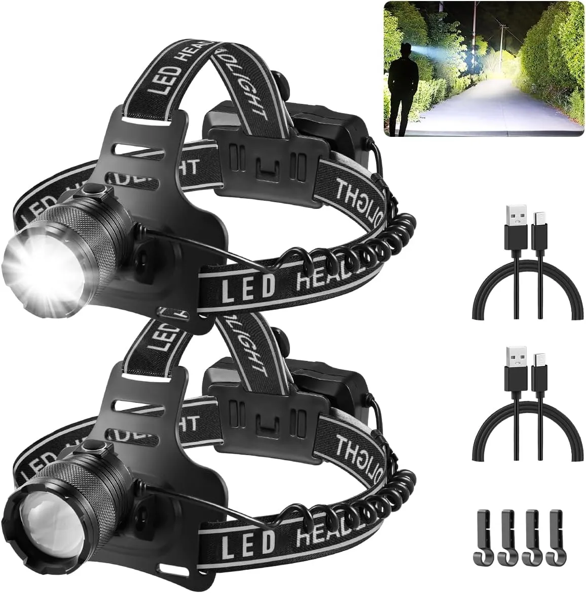Rechargeable Headlamp 2Pack, Head Lamp, Head Lights for Forehead, Adjustable Focus Headlight, 4Mode LED Headlamp, Headlamps for Adults Camping Essentials Gear Hard Hat