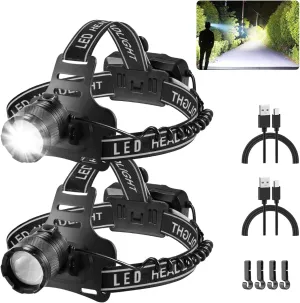Rechargeable Headlamp 2Pack, Head Lamp, Head Lights for Forehead, Adjustable Focus Headlight, 4Mode LED Headlamp, Headlamps for Adults Camping Essentials Gear Hard Hat