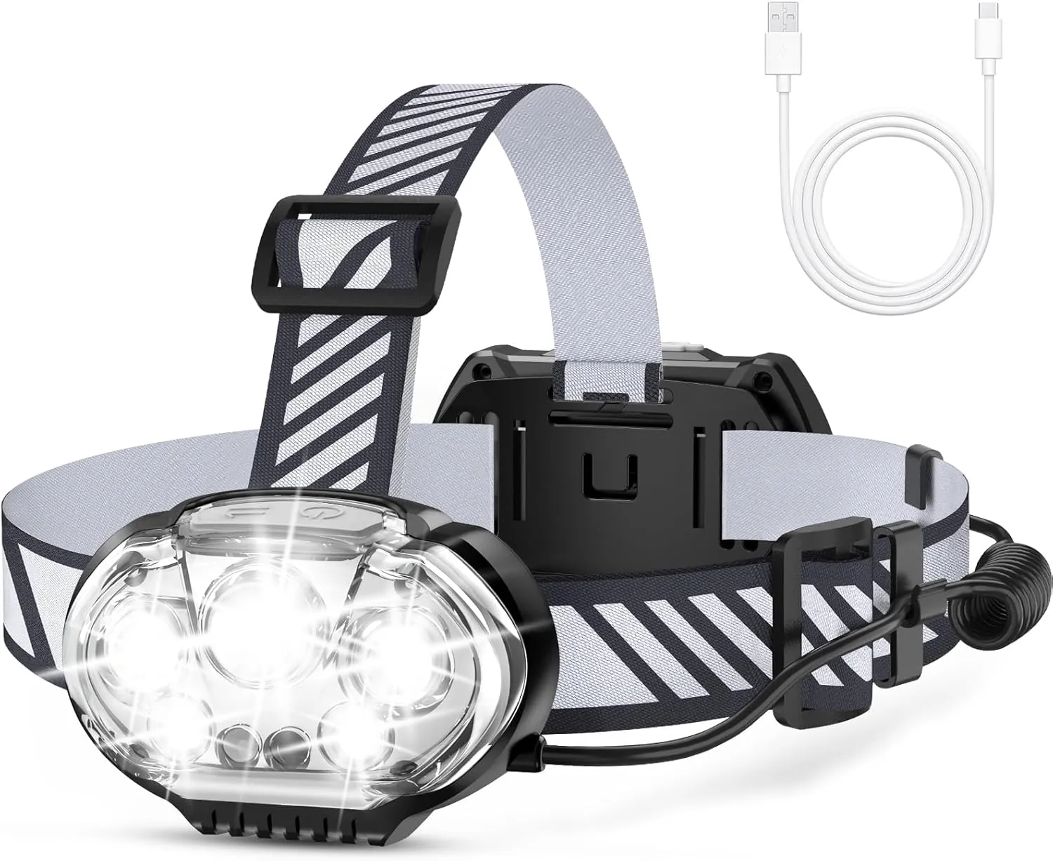 Rechargeable Headlamp, High Lumen Bright 5 LED Head Lamp with Red White Light, IPX4 Waterproof Headlight,8 Mode Head Flashlight for Outdoor Running Hunting Fishing Hiking Camping Gear