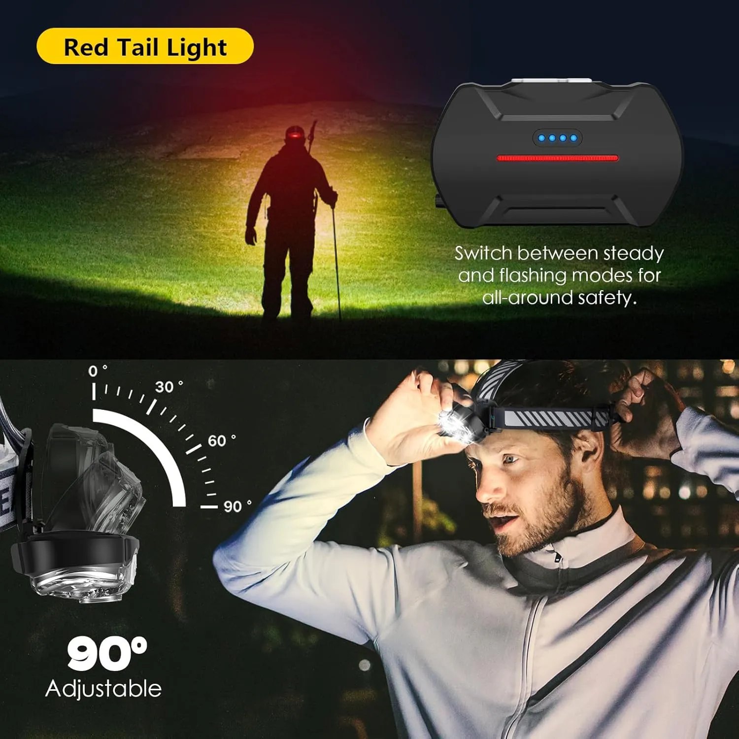 Rechargeable Headlamp, High Lumen Bright 5 LED Head Lamp with Red White Light, IPX4 Waterproof Headlight,8 Mode Head Flashlight for Outdoor Running Hunting Fishing Hiking Camping Gear