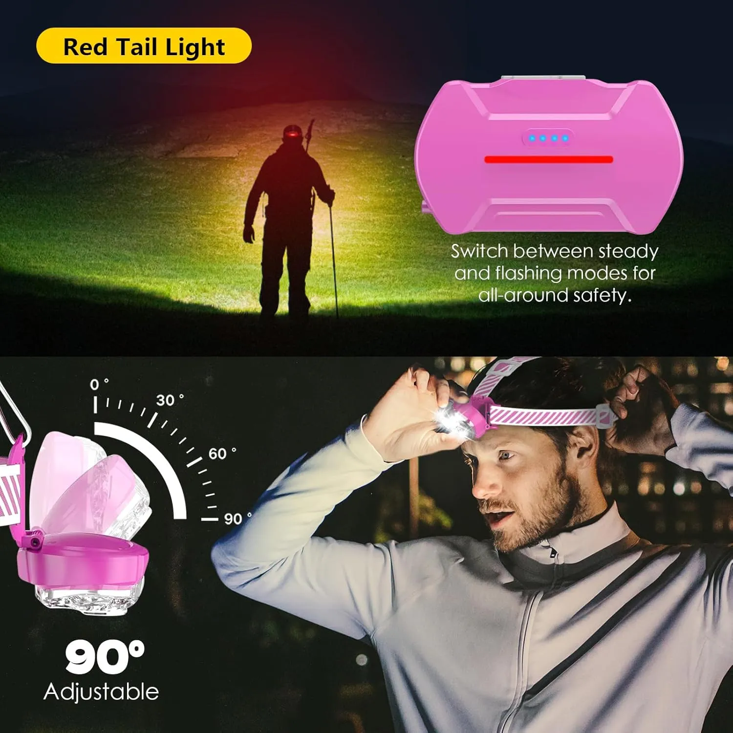 Rechargeable Headlamp, High Lumen Bright 5 LED Head Lamp with Red White Light,IPX4 Waterproof Headlight,8 Mode Head Flashlight for Outdoor Running Hunting Fishing Hiking Camping Gear-Pink