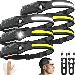Rechargeable Headlamps with Motion Sensor 6pcs, 230° Wide Beam LED Head Lamps Rechargeable Battery Powered, Bright Forehead Adjustable Head light for Adults with 5 Modes, USB C, Waterproof For Camping