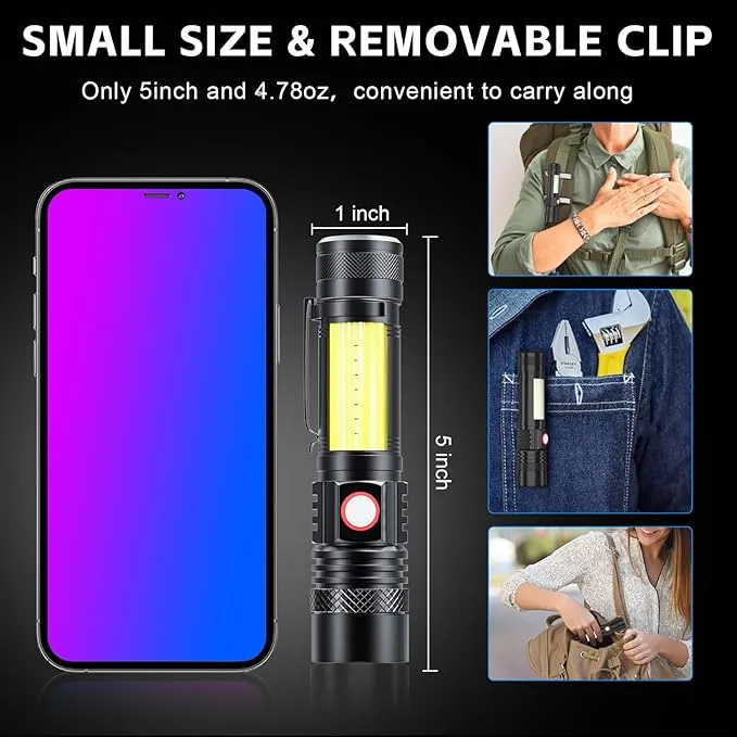 Rechargeable LED Flashligh, USB Magnetic Flashlights with Cob Sidelight, Small Tactical Flashlights 2000LM, Waterproof, Zoomable, Portable Handheld Flash Light for Home, Emergency, Outdoor