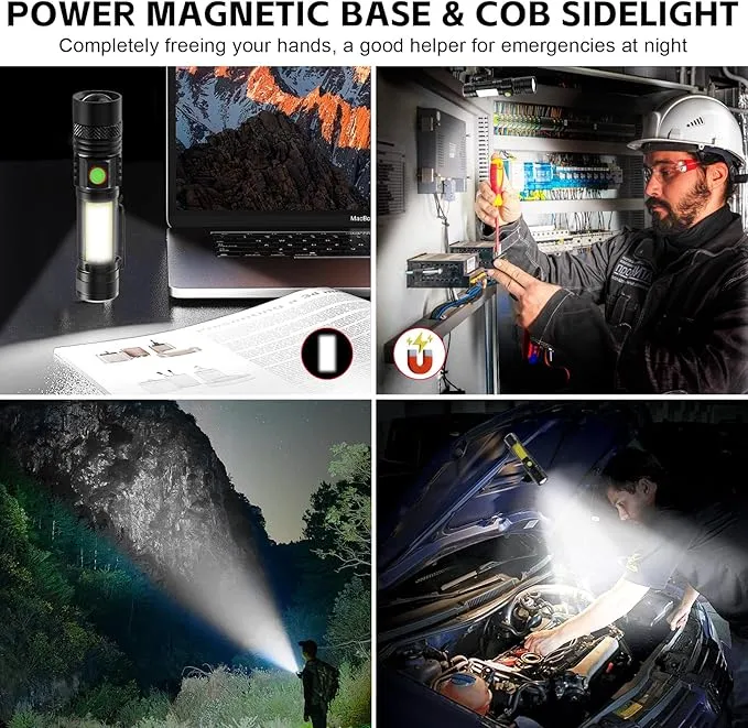Rechargeable LED Flashligh, USB Magnetic Flashlights with Cob Sidelight, Small Tactical Flashlights 2000LM, Waterproof, Zoomable, Portable Handheld Flash Light for Home, Emergency, Outdoor