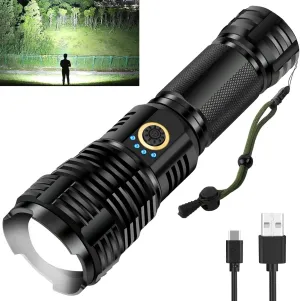 Rechargeable Led Flashlight, Tactical Xhp70 Flashlight, Led Flashlight with Zoomable, 5 Modes, Military Grade Waterproof Led Flashlights for Camping, Hiking, Emergencies