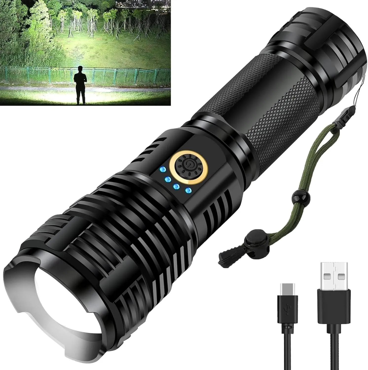 Rechargeable Led Flashlight, Tactical Xhp70 Flashlight, Led Flashlight with Zoomable, 5 Modes, Military Grade Waterproof Led Flashlights for Camping, Hiking, Emergencies