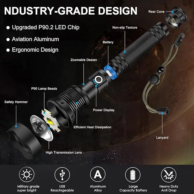 Rechargeable LED Flashlights High Lumens, 90000 Lumens Super Bright Flashlight with 5 Modes & Waterproof, XHP90.2 Powerful Handheld Flashlight for Camping Emergencies