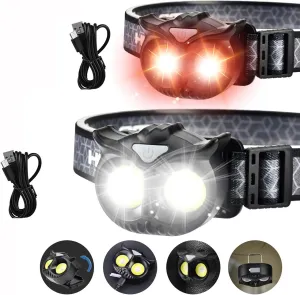 Rechargeable led headlamp,2 Pack LED Head Lamps Super Bright for Running headlamps Night Buddy Headlight with red and White Flashing Lights，Magnetic Attractor ，Hook for a Great Gift!