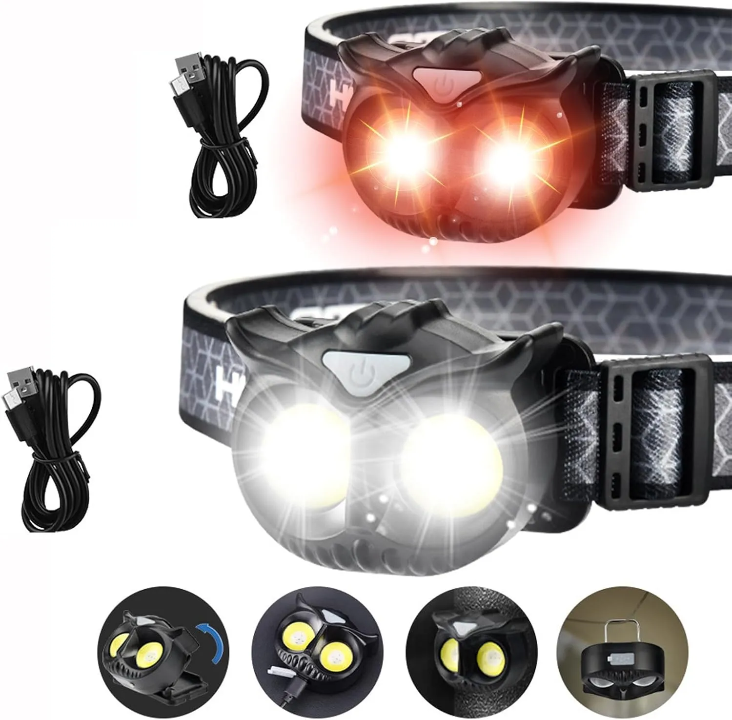 Rechargeable led headlamp,2 Pack LED Head Lamps Super Bright for Running headlamps Night Buddy Headlight with red and White Flashing Lights，Magnetic Attractor ，Hook for a Great Gift!
