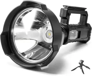 Rechargeable Spotlight, Rechargeable Spotlight, IPX6 Waterproof 4 Lighting Modes Handheld, Long Range Flashlight with Non Slip Handle and Tripod for Hiking, Camping