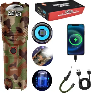 Rechargeable White Laser Super Battery Aluminum LED Flashlight, Body Camouflage 1500 Lumens, Tactical,Long Battery 5 Modes, Zoomable, Light Weight for Camping/Home/Outdoor (CarP90)