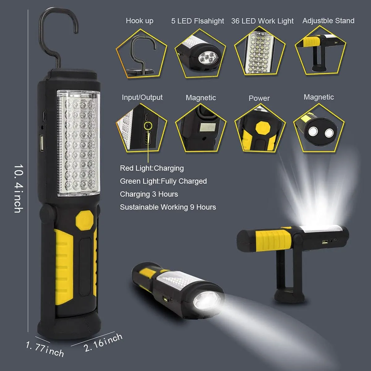 Rechargeable Work Light Portable LED Multi-use Magnetic Flashlight with Hanging Hook, Waterproof Work Flashlight for Car Repair Household Blackout and Emergency(Yellow)