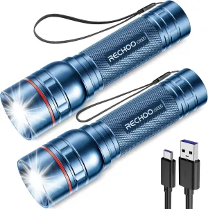 RECHOO Rechargeable Flashlights High Lumens, Super Bright Flash Light 2 Pack, Small Zoomable LED Flashlight with 3 Lighting Modes, Portable Tactical Flashlight for Camping Essentials (Blue)