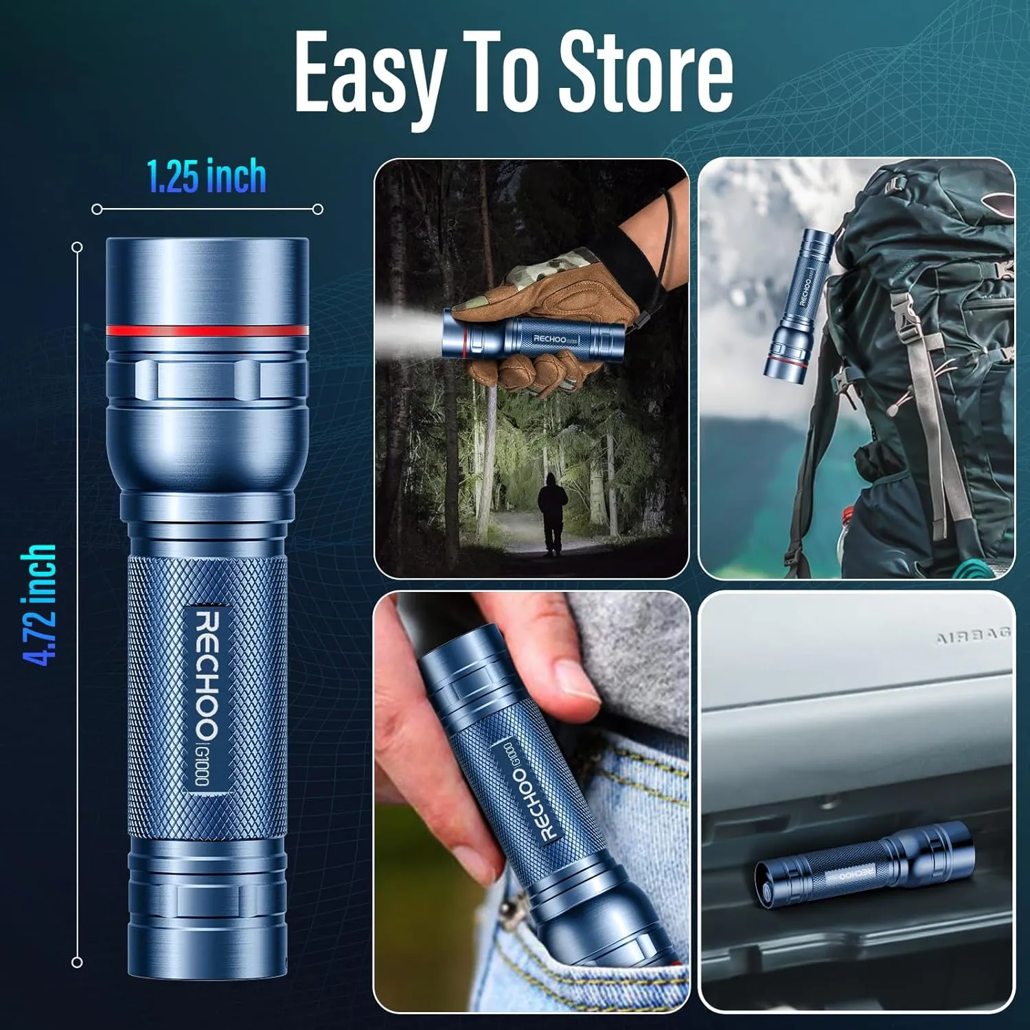 RECHOO Rechargeable Flashlights High Lumens, Super Bright Flash Light 2 Pack, Small Zoomable LED Flashlight with 3 Lighting Modes, Portable Tactical Flashlight for Camping Essentials (Blue)