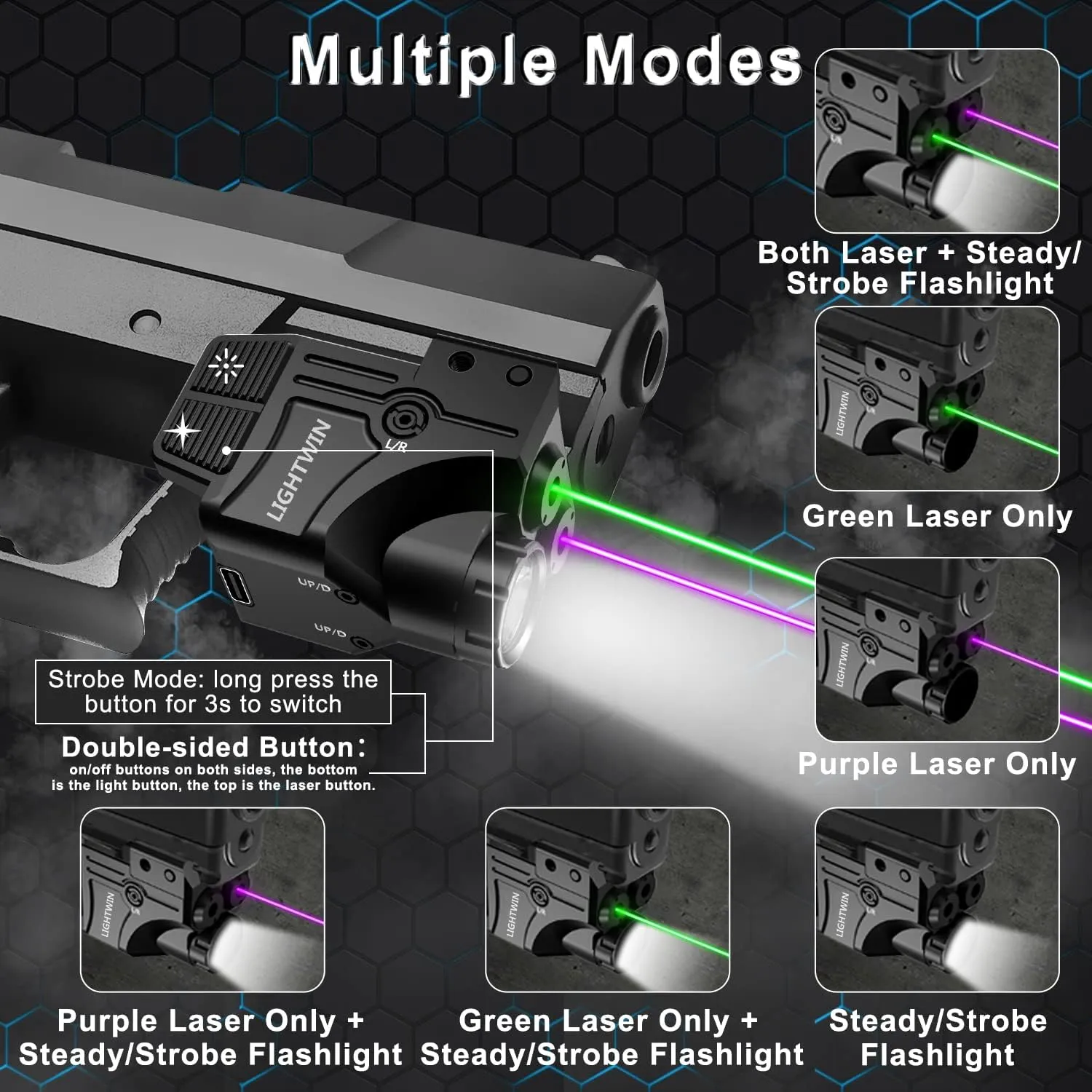 Red Green Blue Purple Laser Beams with 600 Lumens Flashlight for Pistols, 3 in1 Laser Light Combo, Tactical USB Rechargeable Laser Sight, Strobe & Steady Flashlight for Picatinny Rail