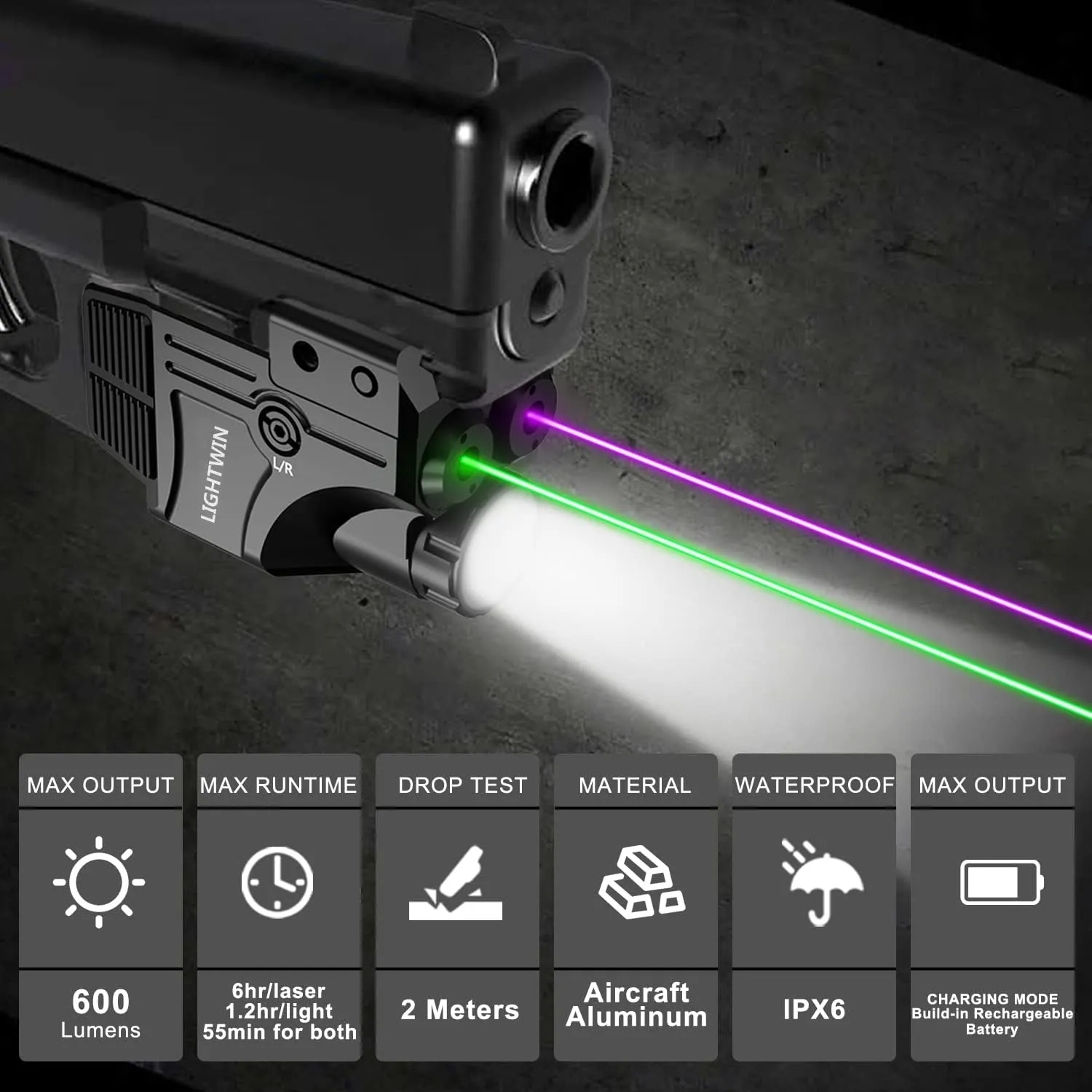 Red Green Blue Purple Laser Beams with 600 Lumens Flashlight for Pistols, 3 in1 Laser Light Combo, Tactical USB Rechargeable Laser Sight, Strobe & Steady Flashlight for Picatinny Rail