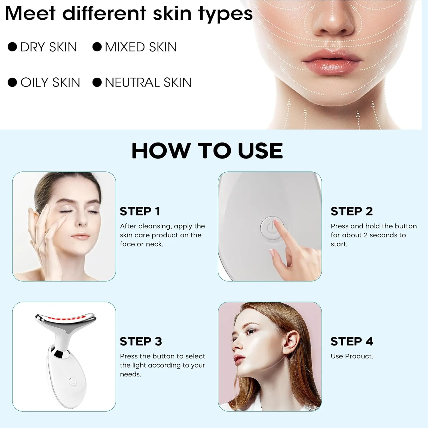 Red Light Therapy for Face, 7 Color LED Facial Light Therapy Wand for Skin Care at Home Blue Light Therapy Face Massager Tool for Neck (White)
