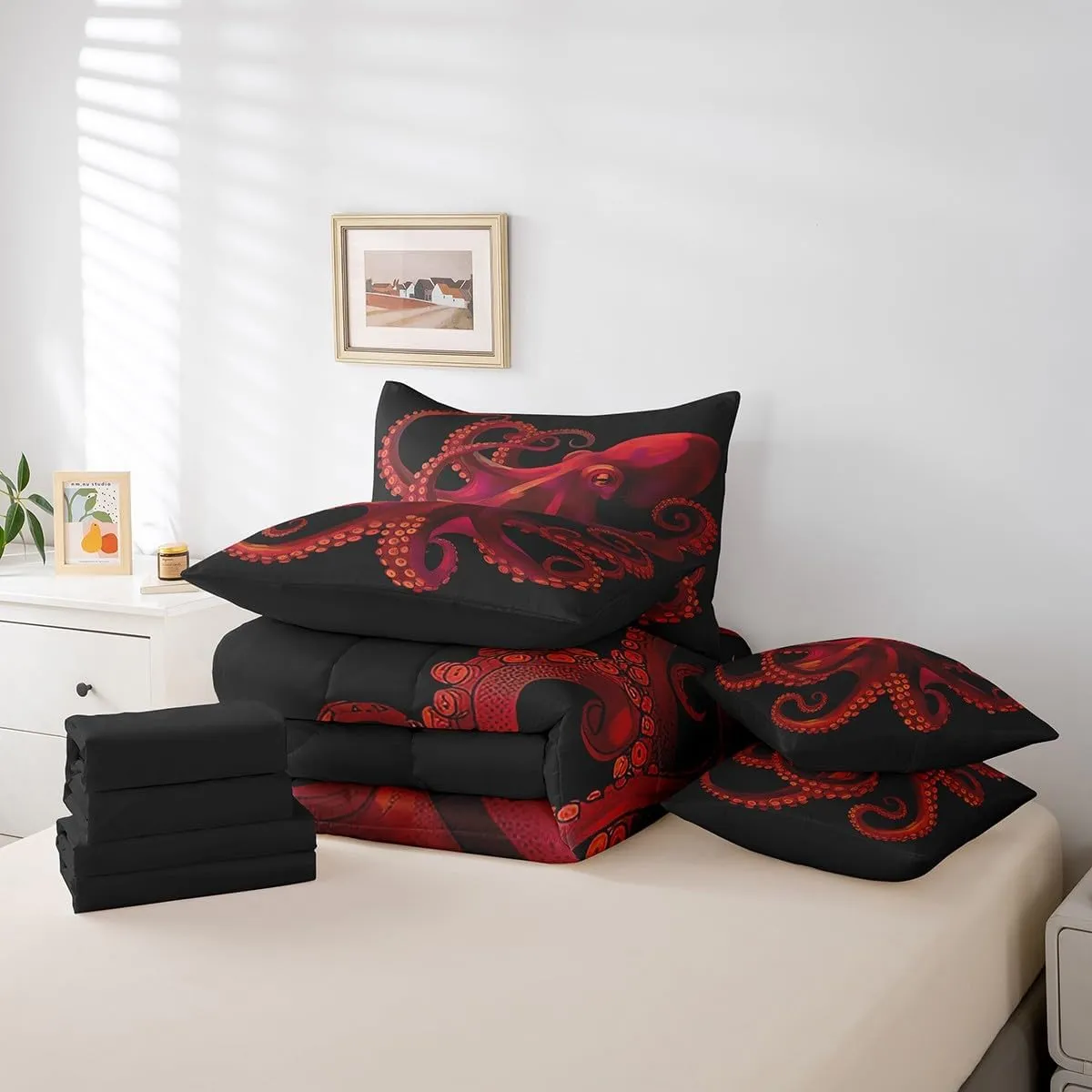 Red Octopus Full Comforter Set - 7 Pieces Reversible Comforters Full Size Bed Set Bed in a Bag with Comforter,Gothic Tentacles Coastal Sheets,Pillowcases & Shams,Nautical Sea Animal Bedding Sets