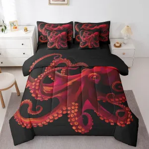 Red Octopus Full Comforter Set - 7 Pieces Reversible Comforters Full Size Bed Set Bed in a Bag with Comforter,Gothic Tentacles Coastal Sheets,Pillowcases & Shams,Nautical Sea Animal Bedding Sets