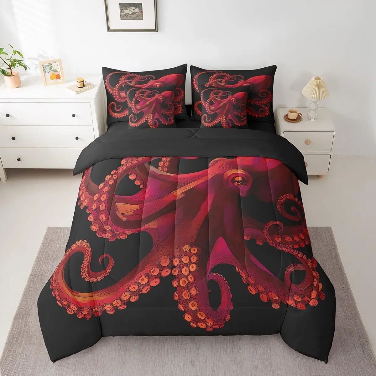 Red Octopus Full Comforter Set - 7 Pieces Reversible Comforters Full Size Bed Set Bed in a Bag with Comforter,Gothic Tentacles Coastal Sheets,Pillowcases & Shams,Nautical Sea Animal Bedding Sets