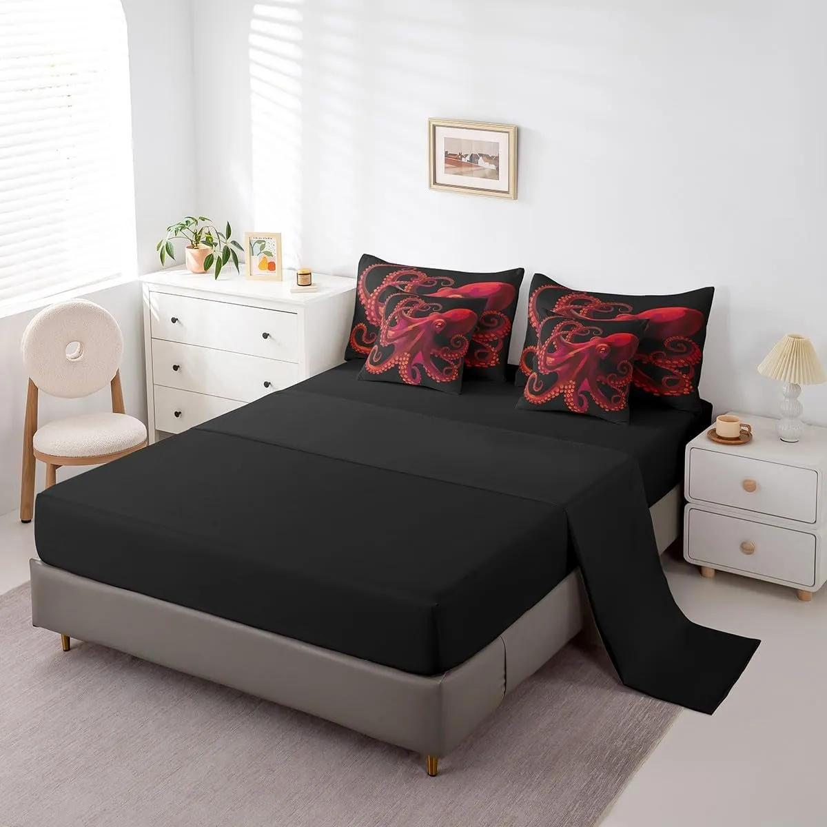 Red Octopus Full Comforter Set - 7 Pieces Reversible Comforters Full Size Bed Set Bed in a Bag with Comforter,Gothic Tentacles Coastal Sheets,Pillowcases & Shams,Nautical Sea Animal Bedding Sets