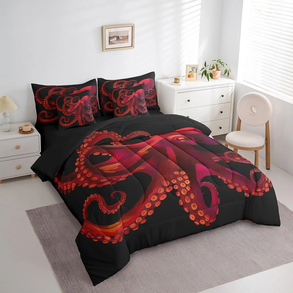 Red Octopus Full Comforter Set - 7 Pieces Reversible Comforters Full Size Bed Set Bed in a Bag with Comforter,Gothic Tentacles Coastal Sheets,Pillowcases & Shams,Nautical Sea Animal Bedding Sets