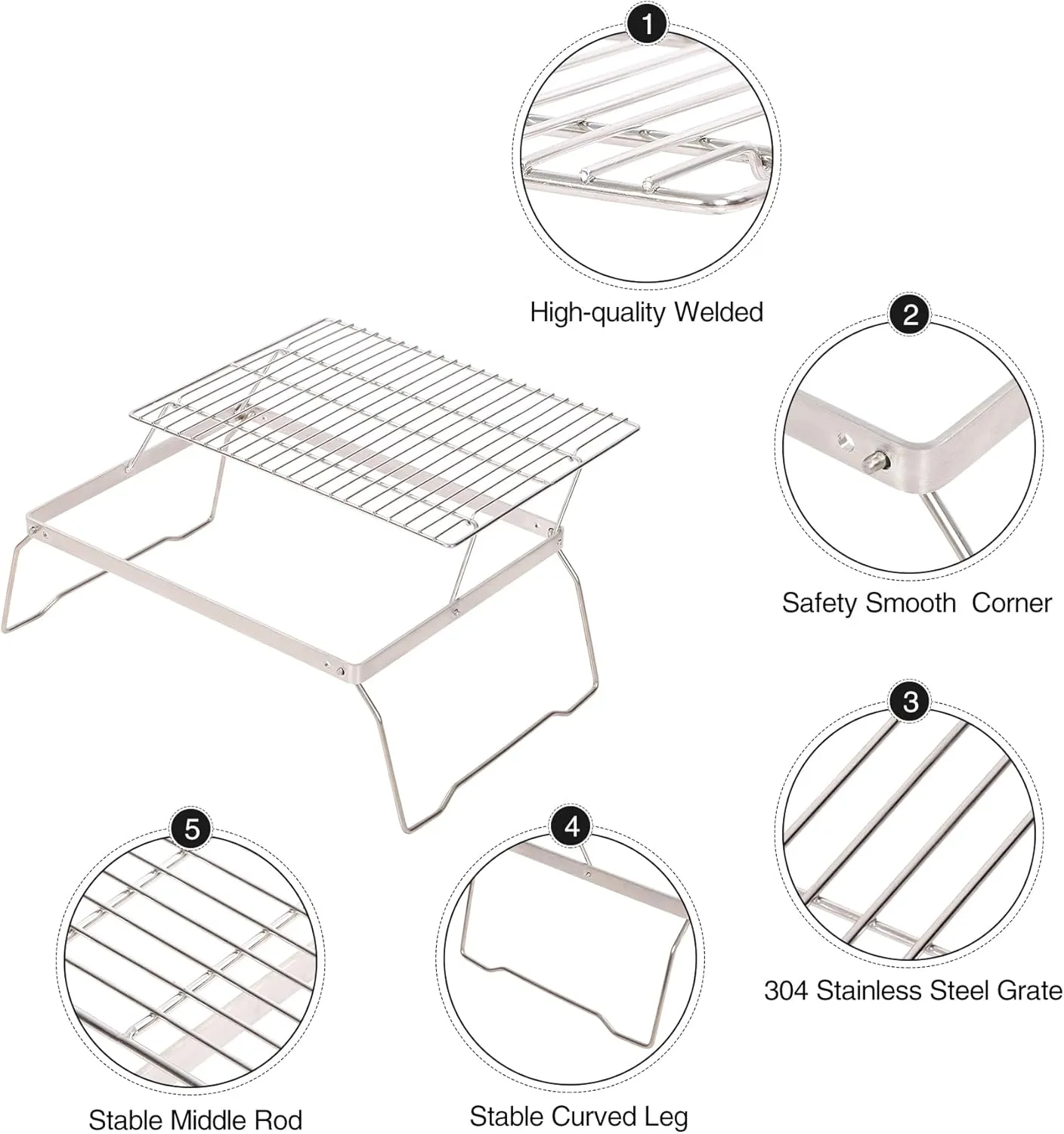 REDCAMP 17" Large Folding Campfire Grill Stainless Steel Grate, 2 Heights Adjustable Over Fire Camping Grill, Heavy Duty Removable Cooking Racks with Carrying Bag for Outdoor Picnic BBQ