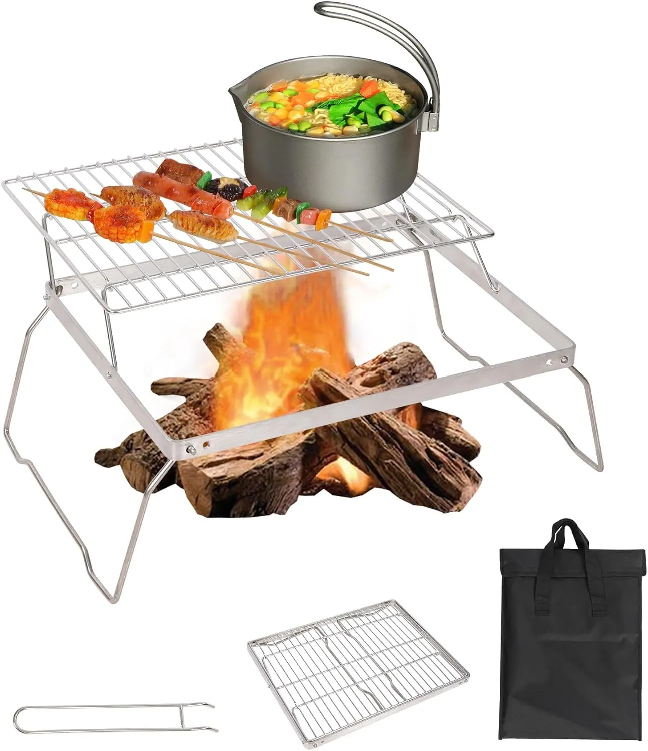 REDCAMP 17" Large Folding Campfire Grill Stainless Steel Grate, 2 Heights Adjustable Over Fire Camping Grill, Heavy Duty Removable Cooking Racks with Carrying Bag for Outdoor Picnic BBQ