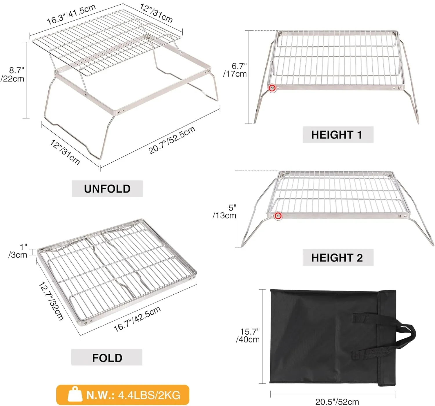 REDCAMP 17" Large Folding Campfire Grill Stainless Steel Grate, 2 Heights Adjustable Over Fire Camping Grill, Heavy Duty Removable Cooking Racks with Carrying Bag for Outdoor Picnic BBQ